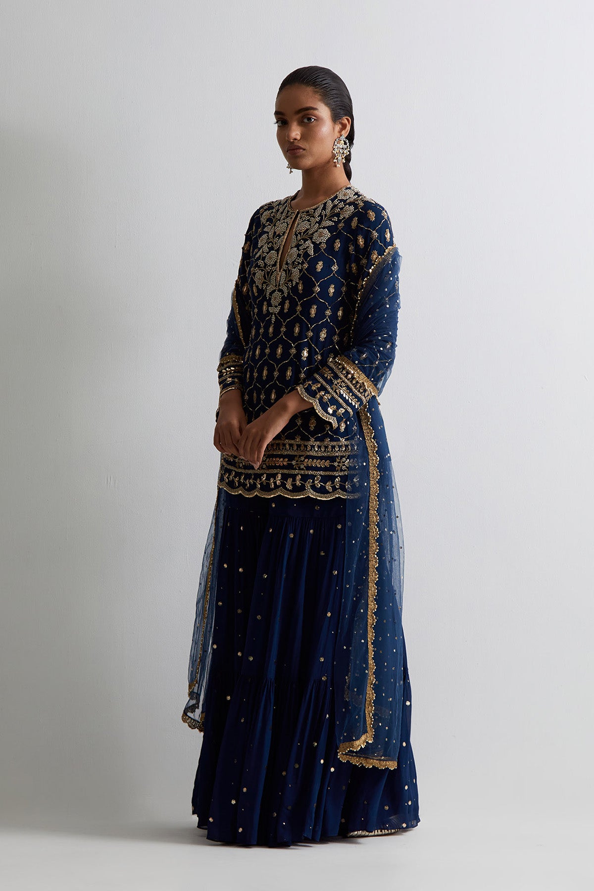 Navy Blue Georgette Embroidered Short Kurta With Frill Sharara And Dupatta