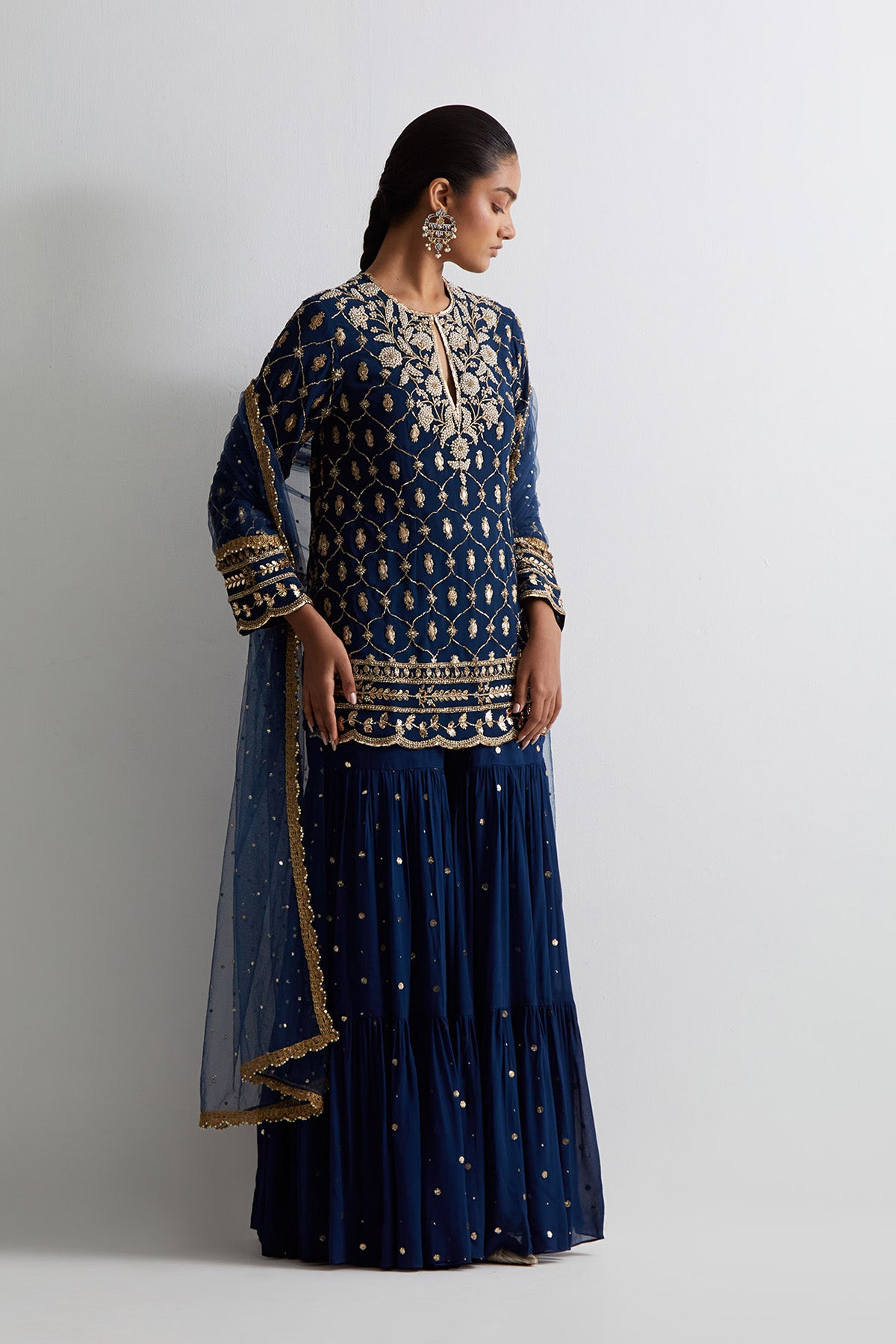 Navy Blue Georgette Embroidered Short Kurta With Frill Sharara And Dupatta