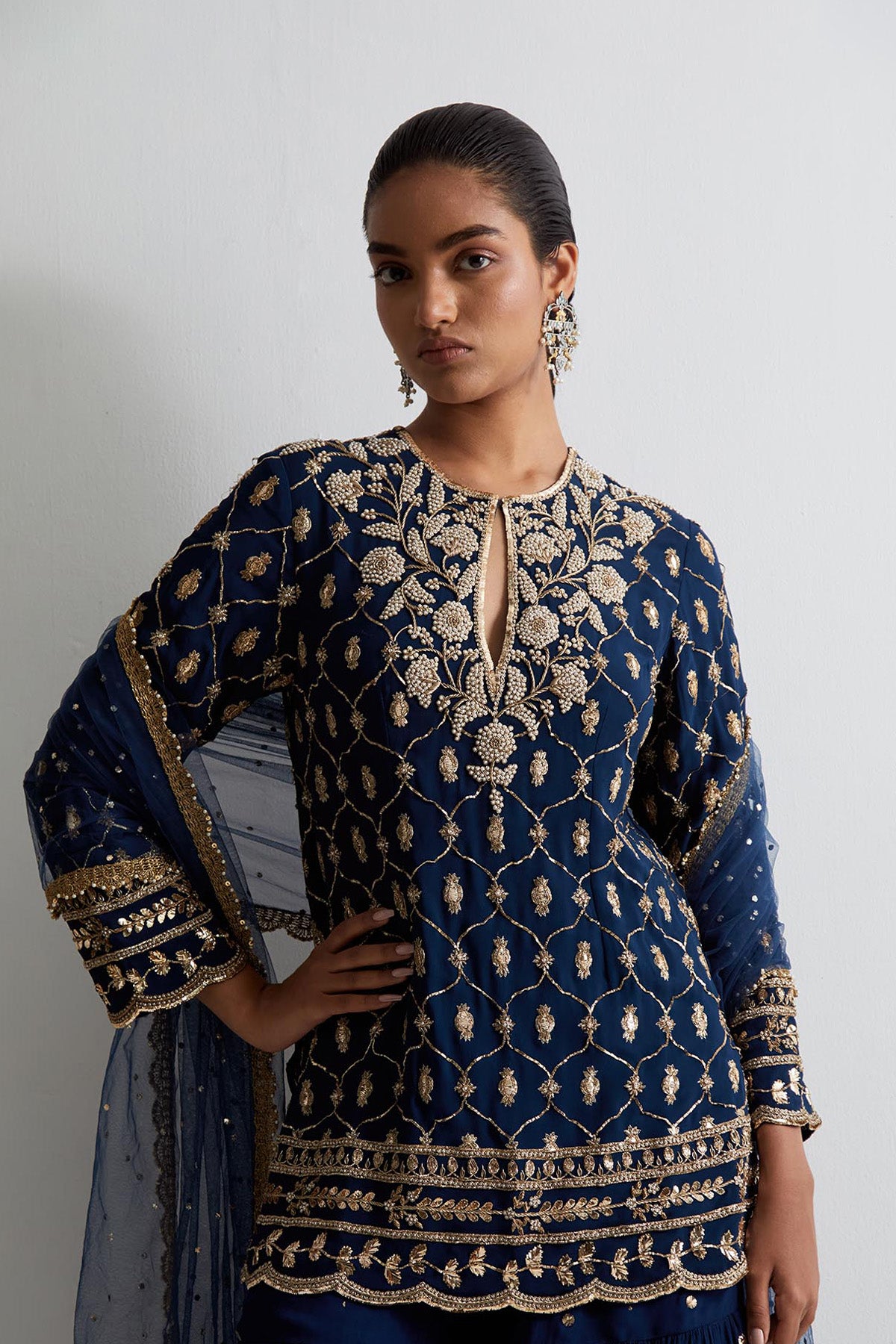 Navy Blue Georgette Embroidered Short Kurta With Frill Sharara And Dupatta