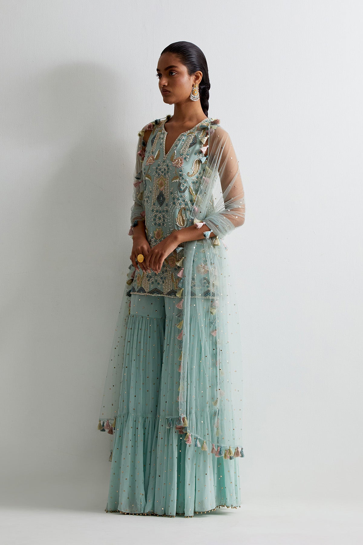 Sea Blue Georgette Embroidered Kurta With Sharara And Dupatta