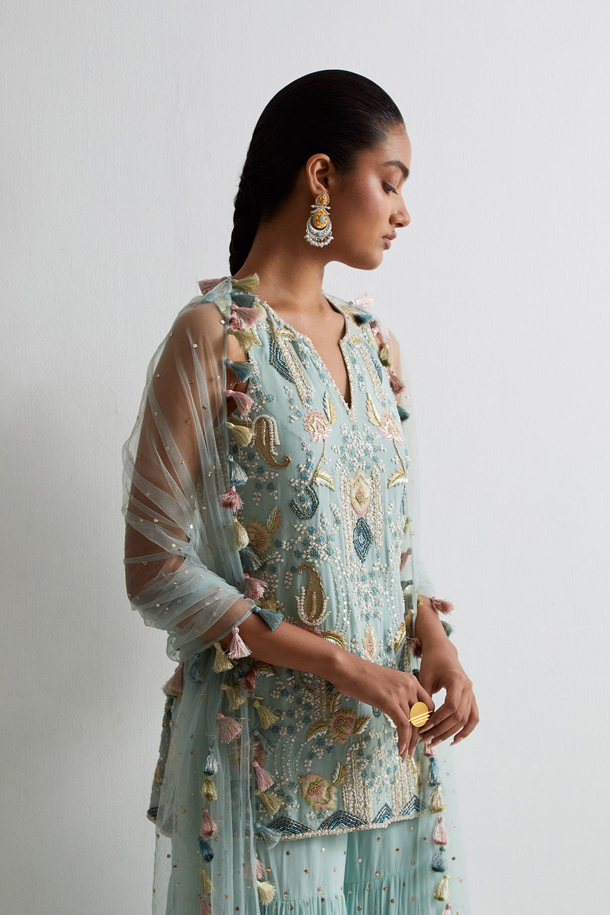 Sea Blue Georgette Embroidered Kurta With Sharara And Dupatta