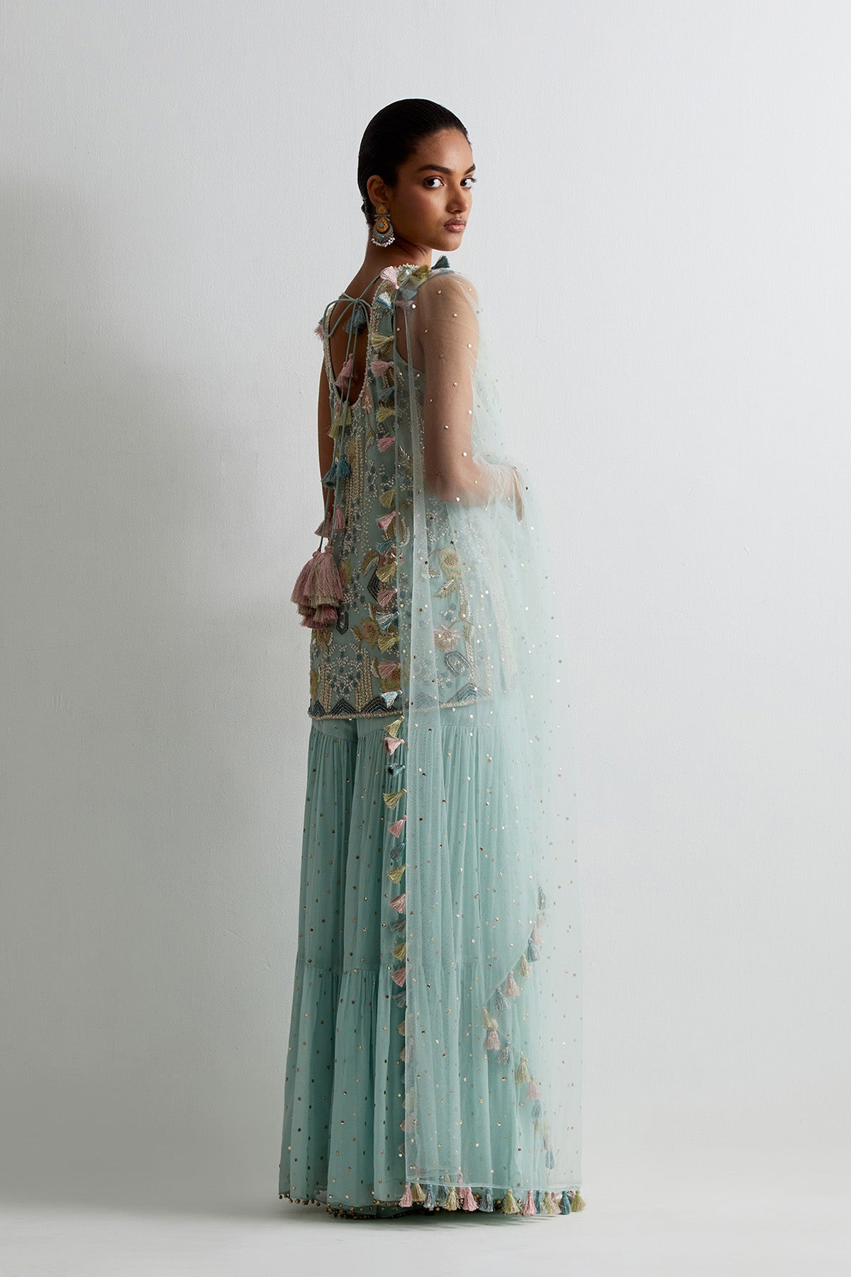 Sea Blue Georgette Embroidered Kurta With Sharara And Dupatta