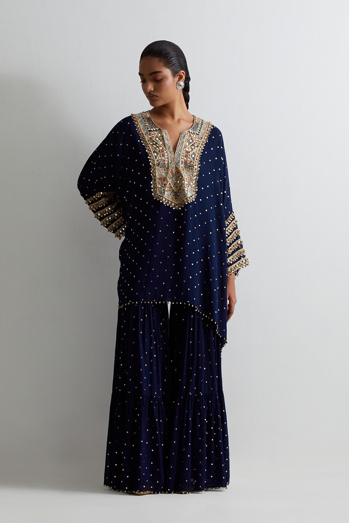 Navy Blue Mukaish Georgette Embroidered Kaftan With Frill Sharara