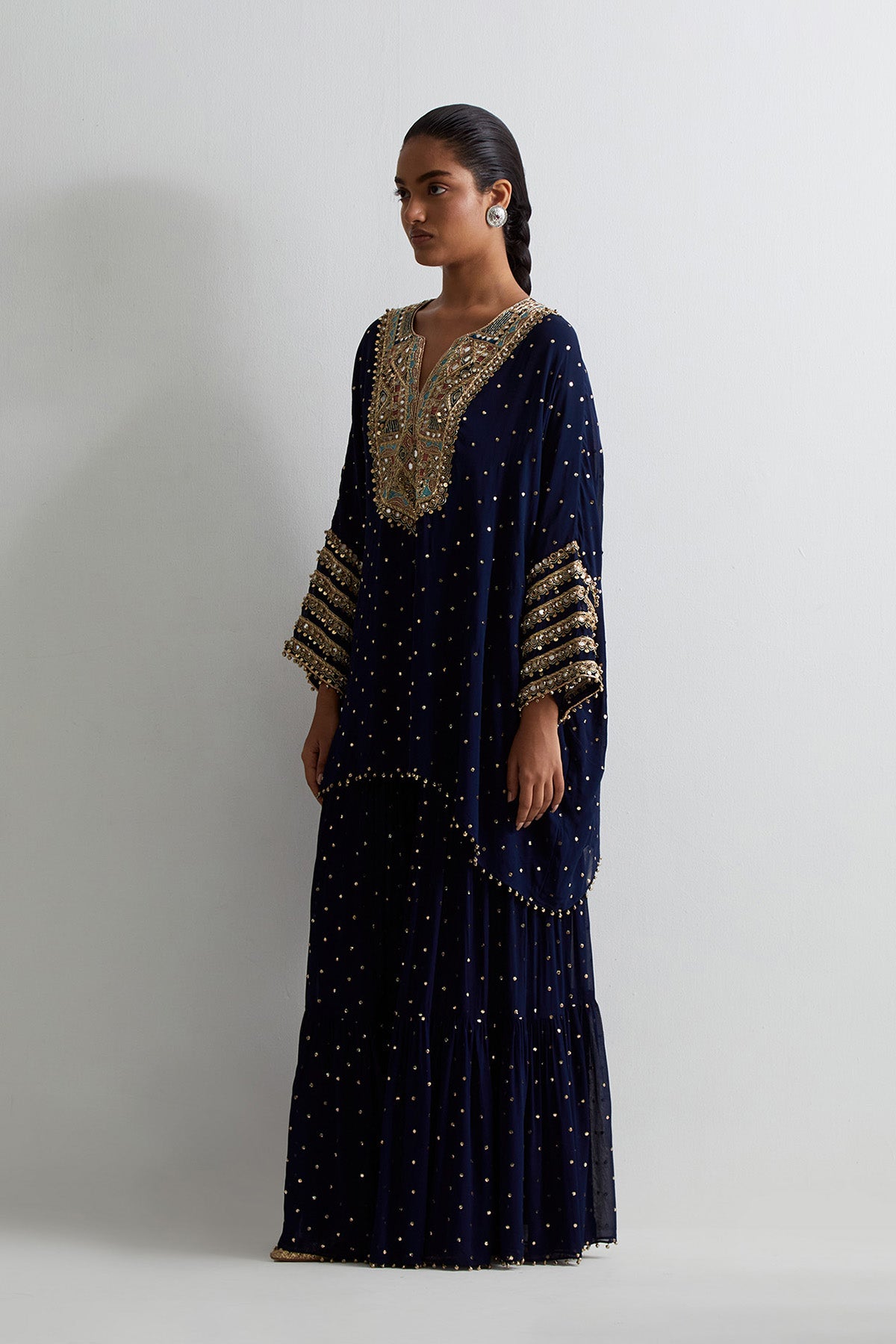 Navy Blue Mukaish Georgette Embroidered Kaftan With Frill Sharara