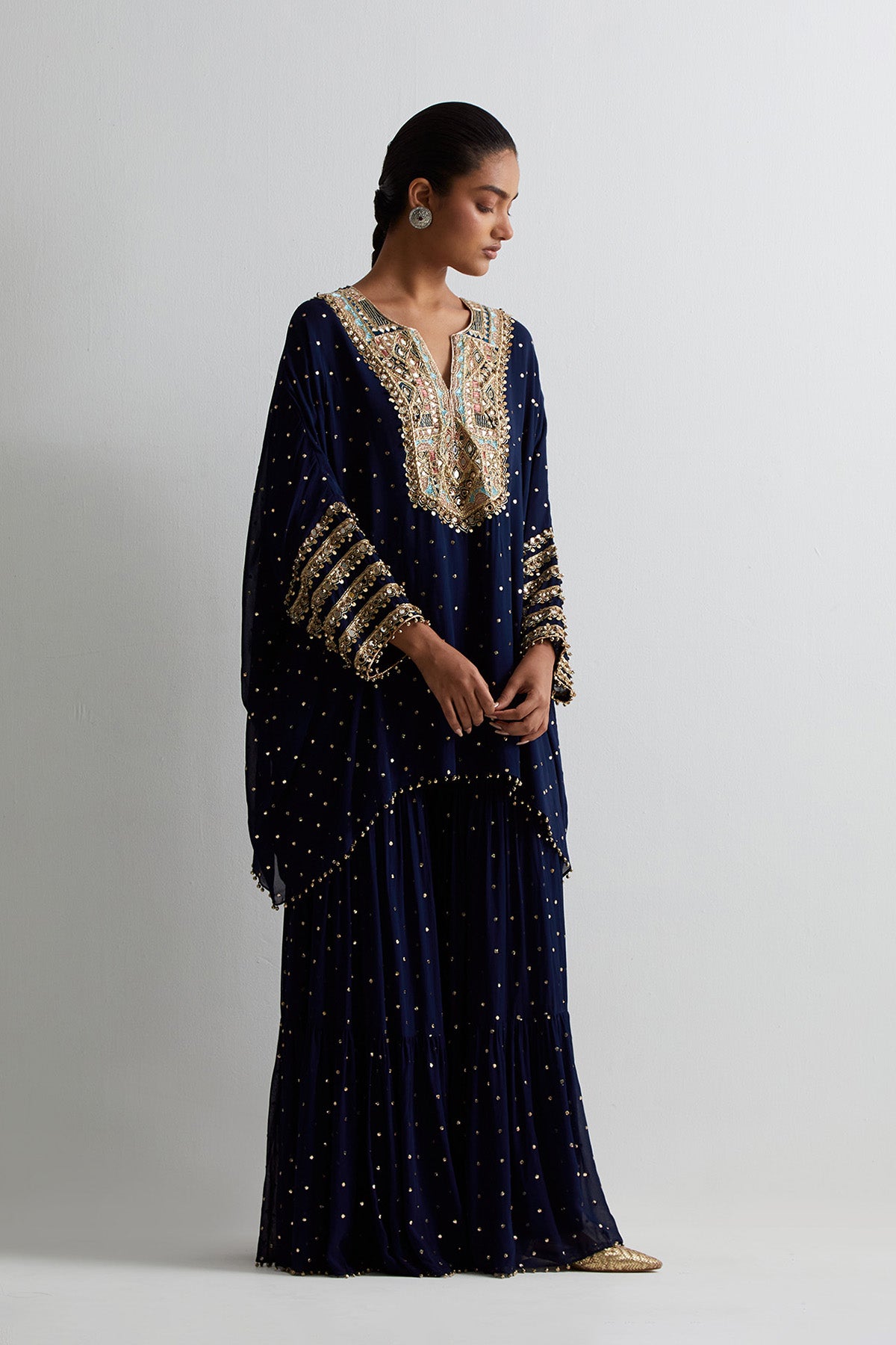 Navy Blue Mukaish Georgette Embroidered Kaftan With Frill Sharara