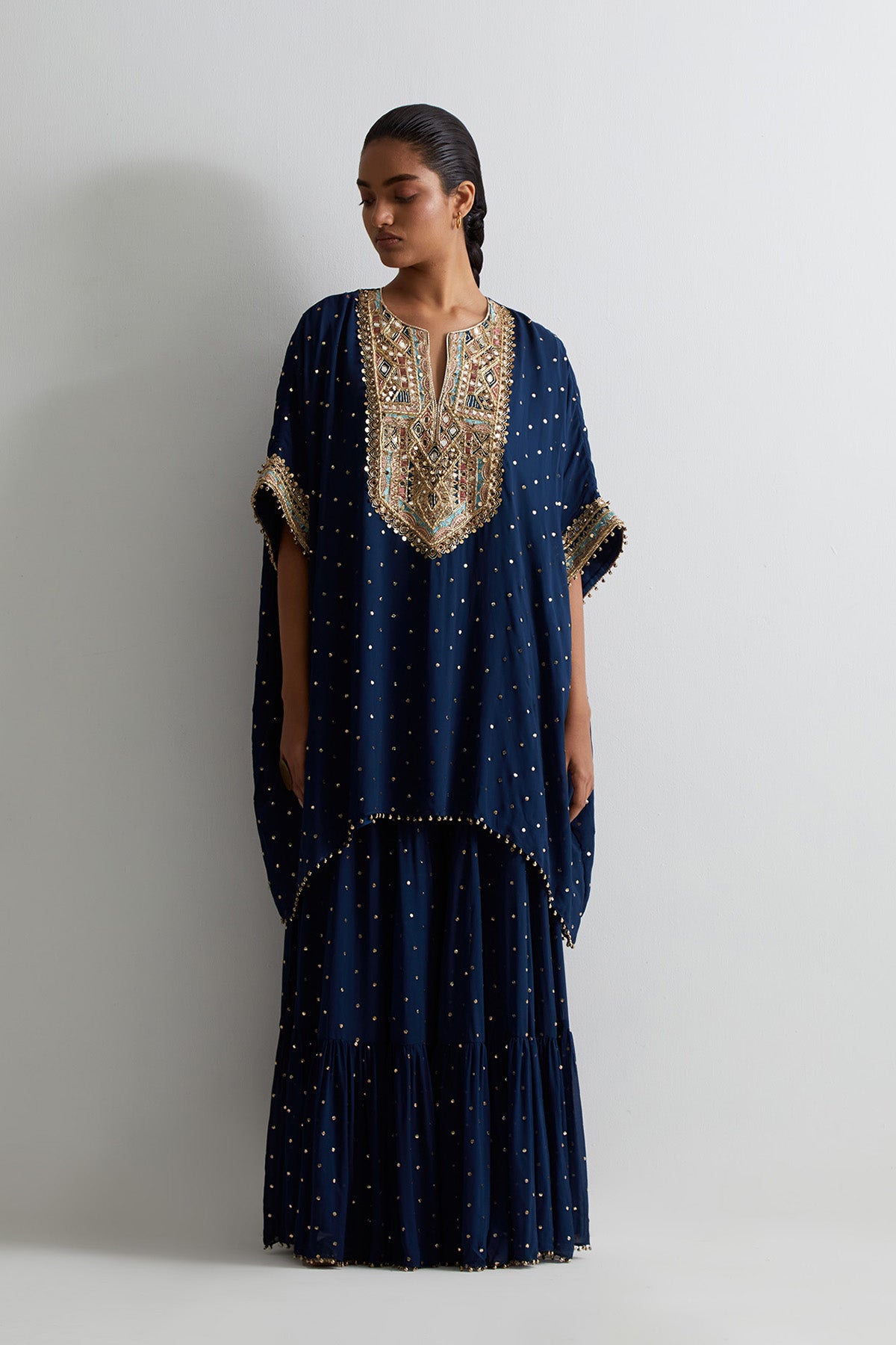 Navy Blue Mukaish Georgette Embroidered Kaftan With Frill Sharara