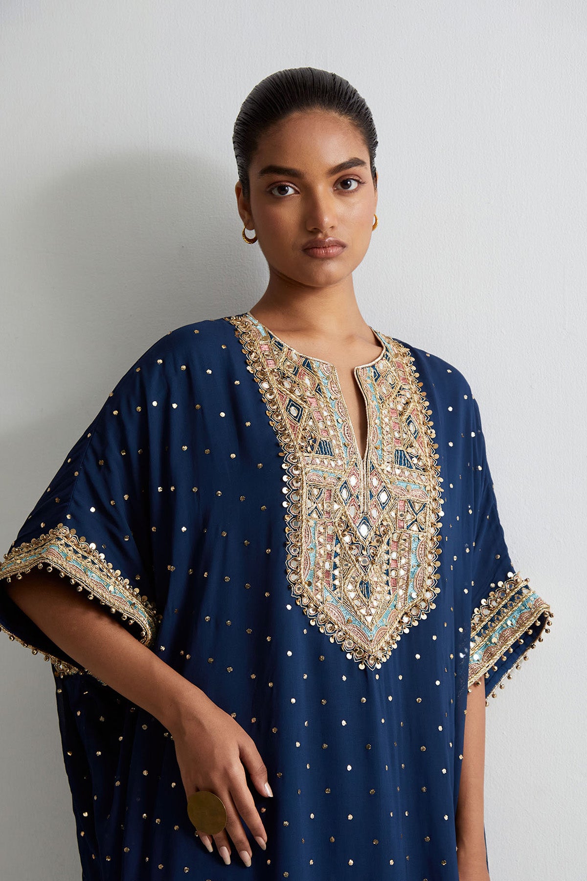 Navy Blue Mukaish Georgette Embroidered Kaftan With Frill Sharara