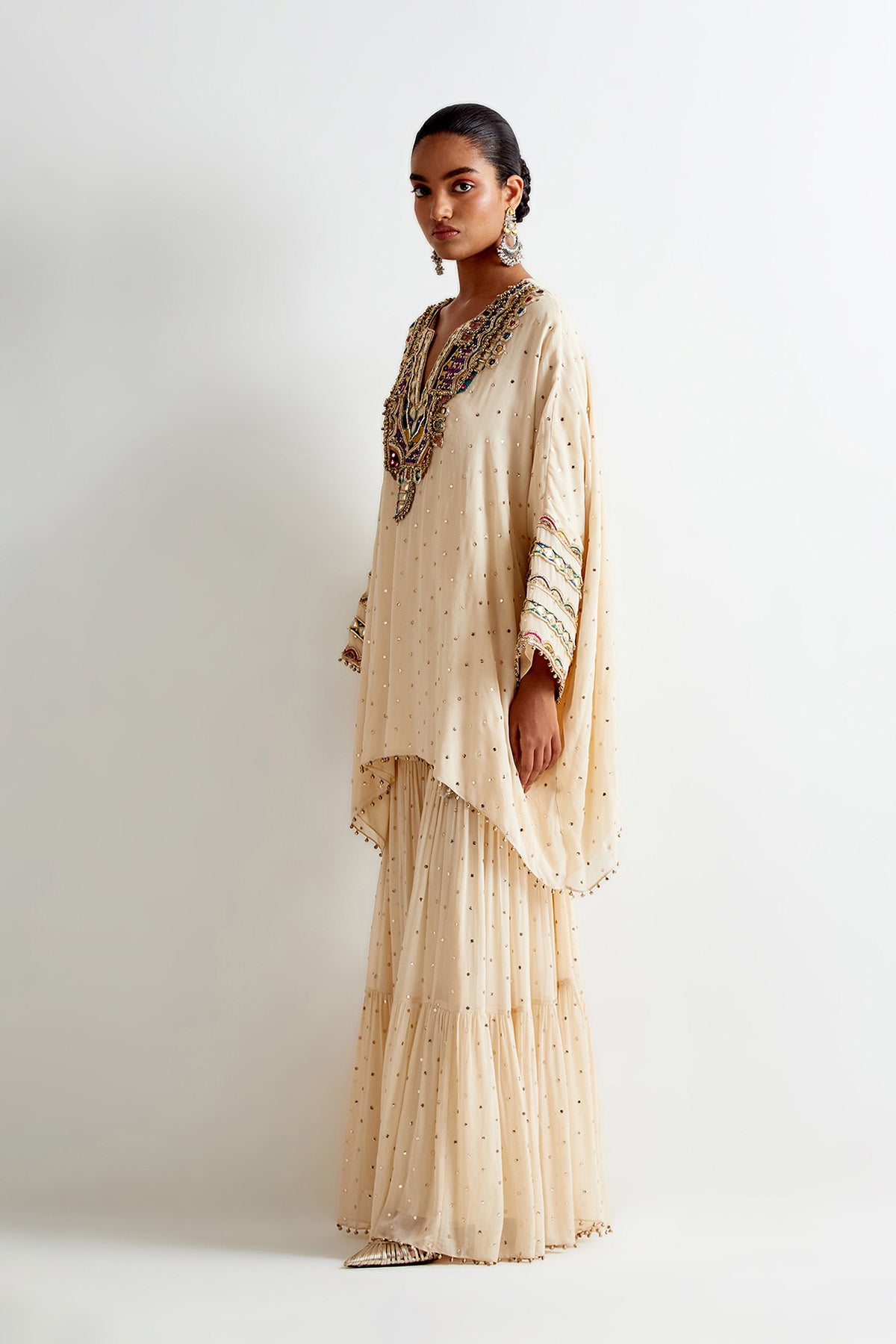 Stone Mukaish Georgette Embroidered Kaftan And Frill Sharara