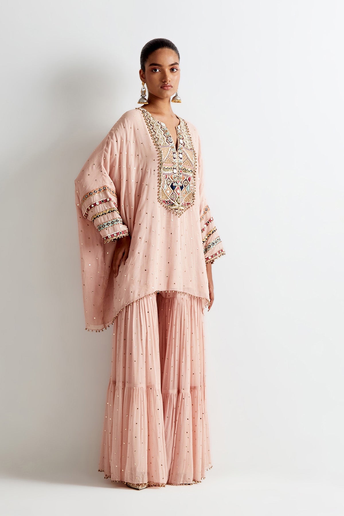 Rose Pink Mukaish Georgette Embroidered Short Kaftan And Frill Sharara