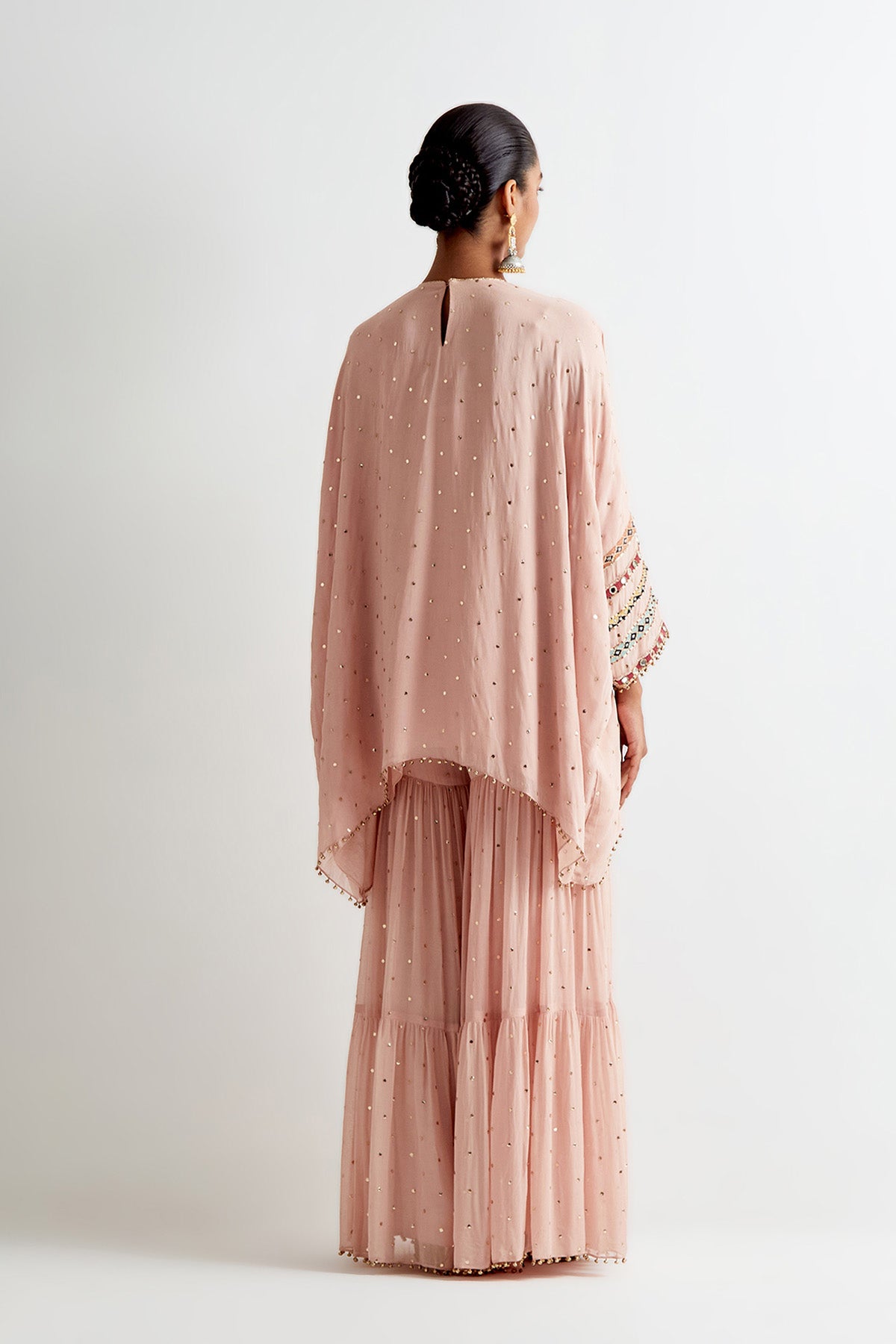 Rose Pink Mukaish Georgette Embroidered Short Kaftan And Frill Sharara