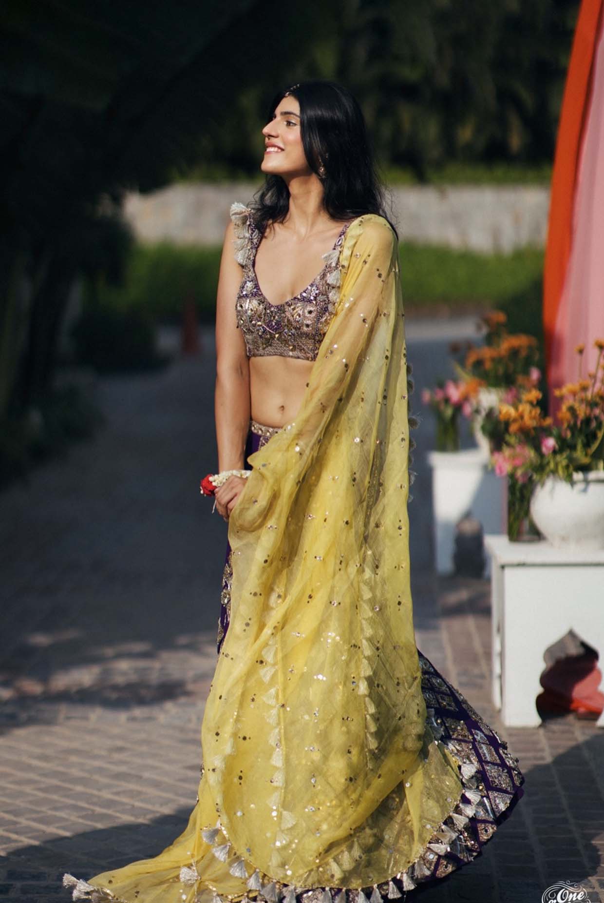 Zinnia Purple Georgette Embroidered Choli And Lehenga With Yellow Dupatta