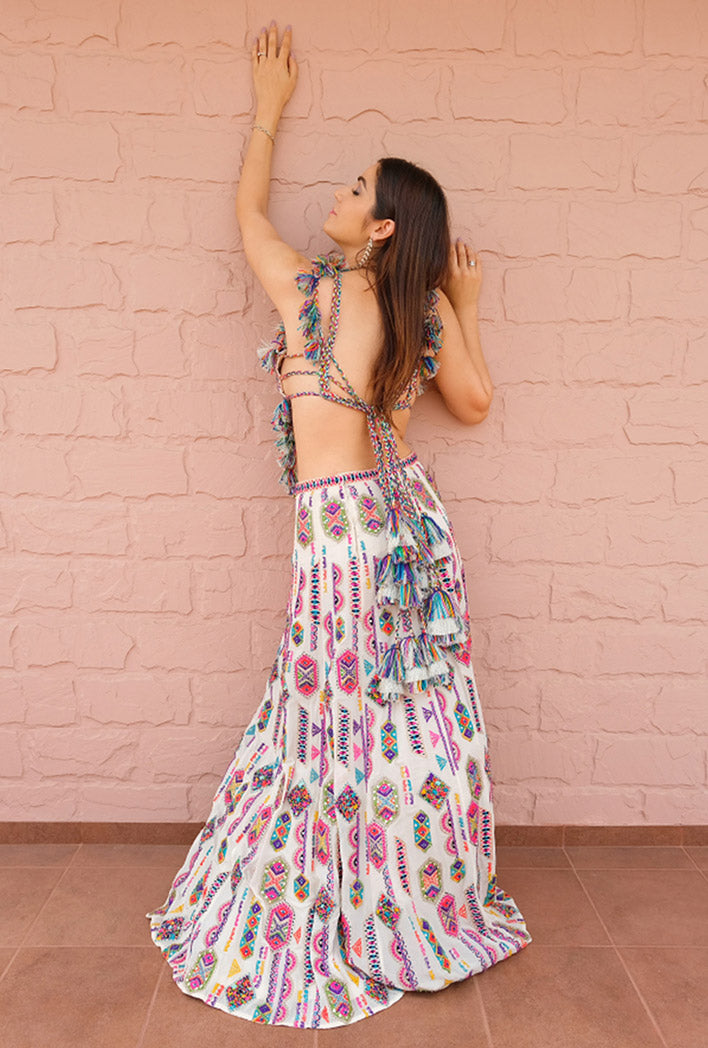 Off White Georgette Embroidered Choli And Lehenga