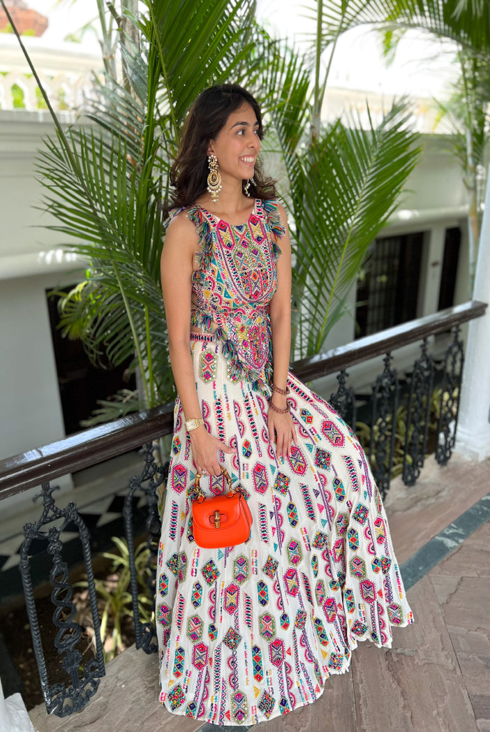 Off White Georgette Embroidered Choli And Lehenga