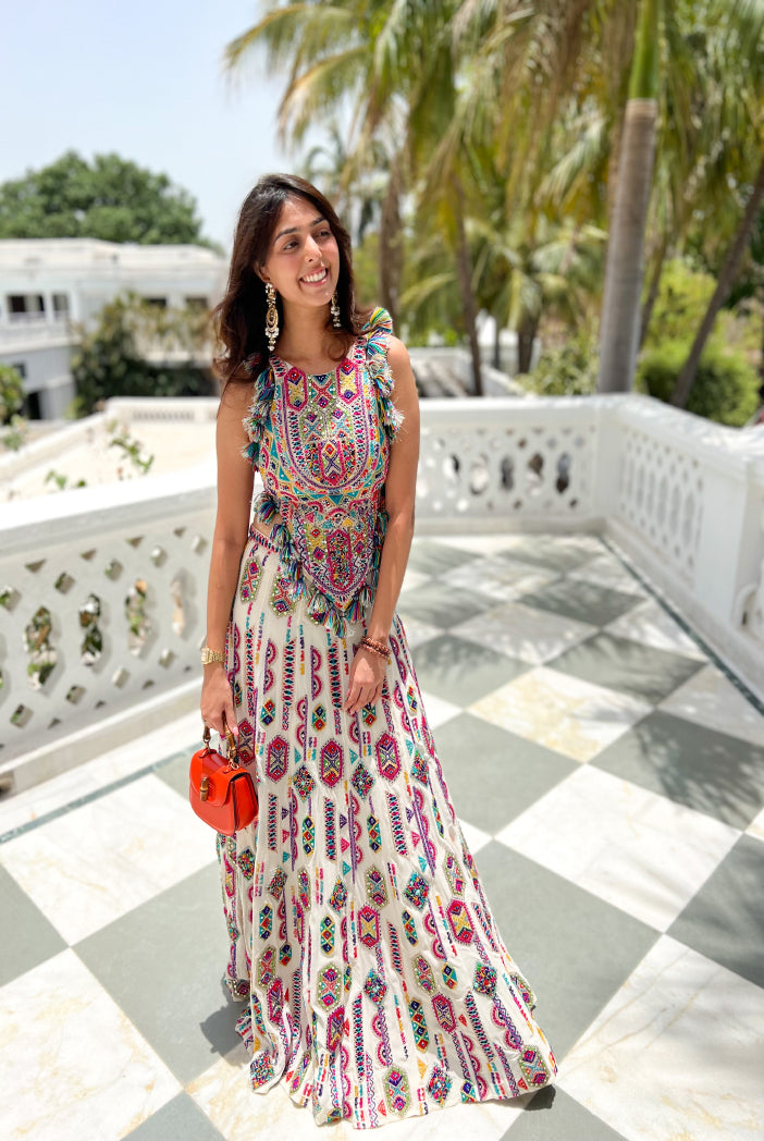 Off White Georgette Embroidered Choli And Lehenga