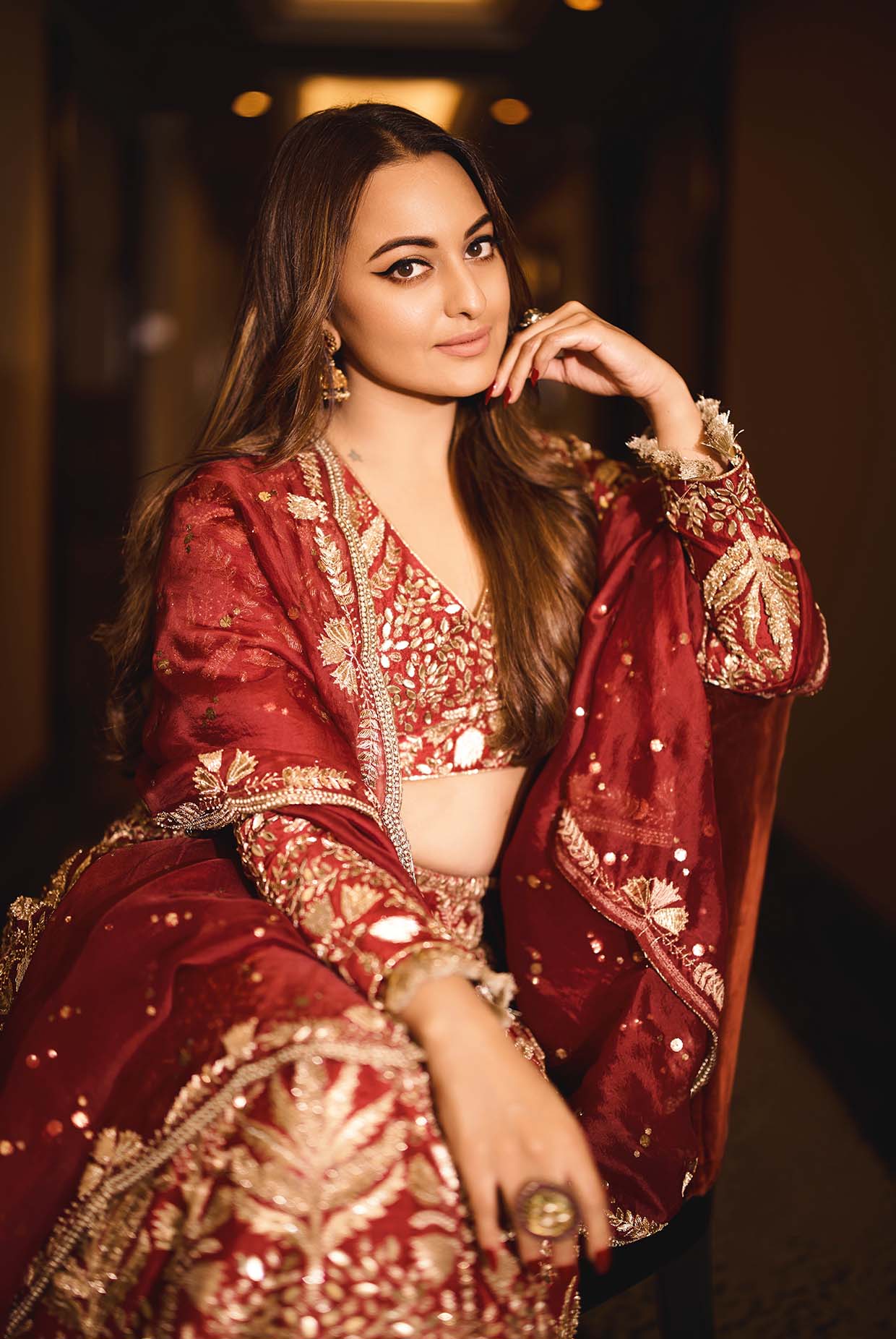 Maroon Embroidered Choli And Lehenga With Dupatta