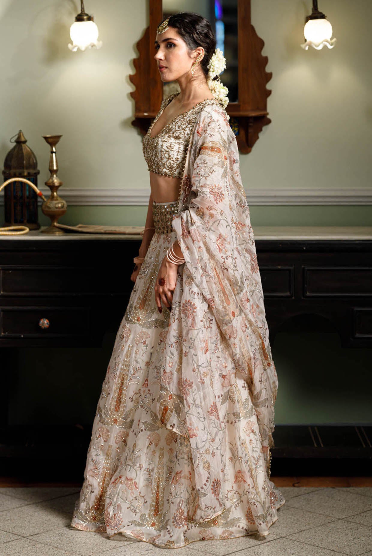 Sultana Cream Embroidered Choli With Cream Printed Lehenga And Embroidered Dupatta
