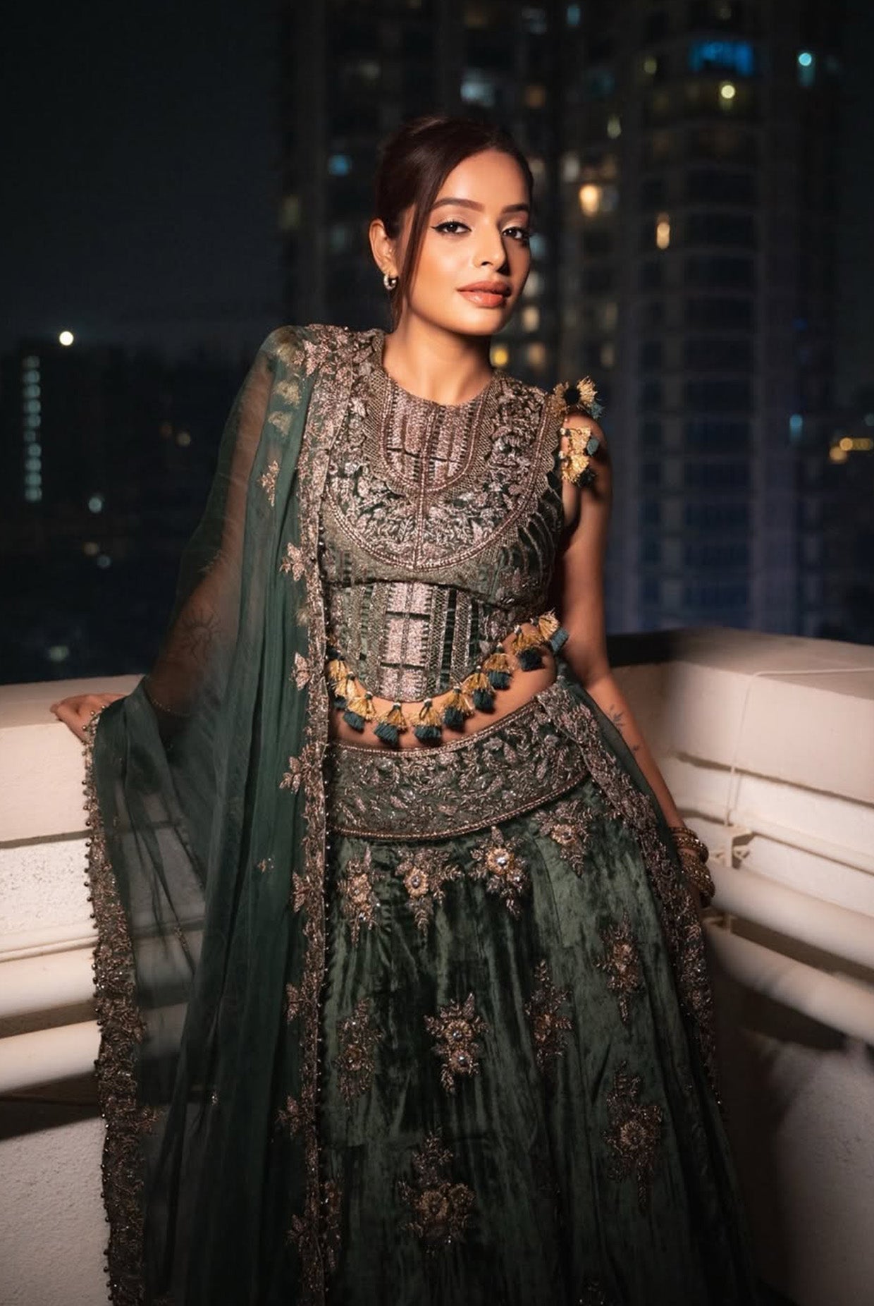 Faizah Emerald Green Embroidered Velvet Choli And Lehenga With Dupatta