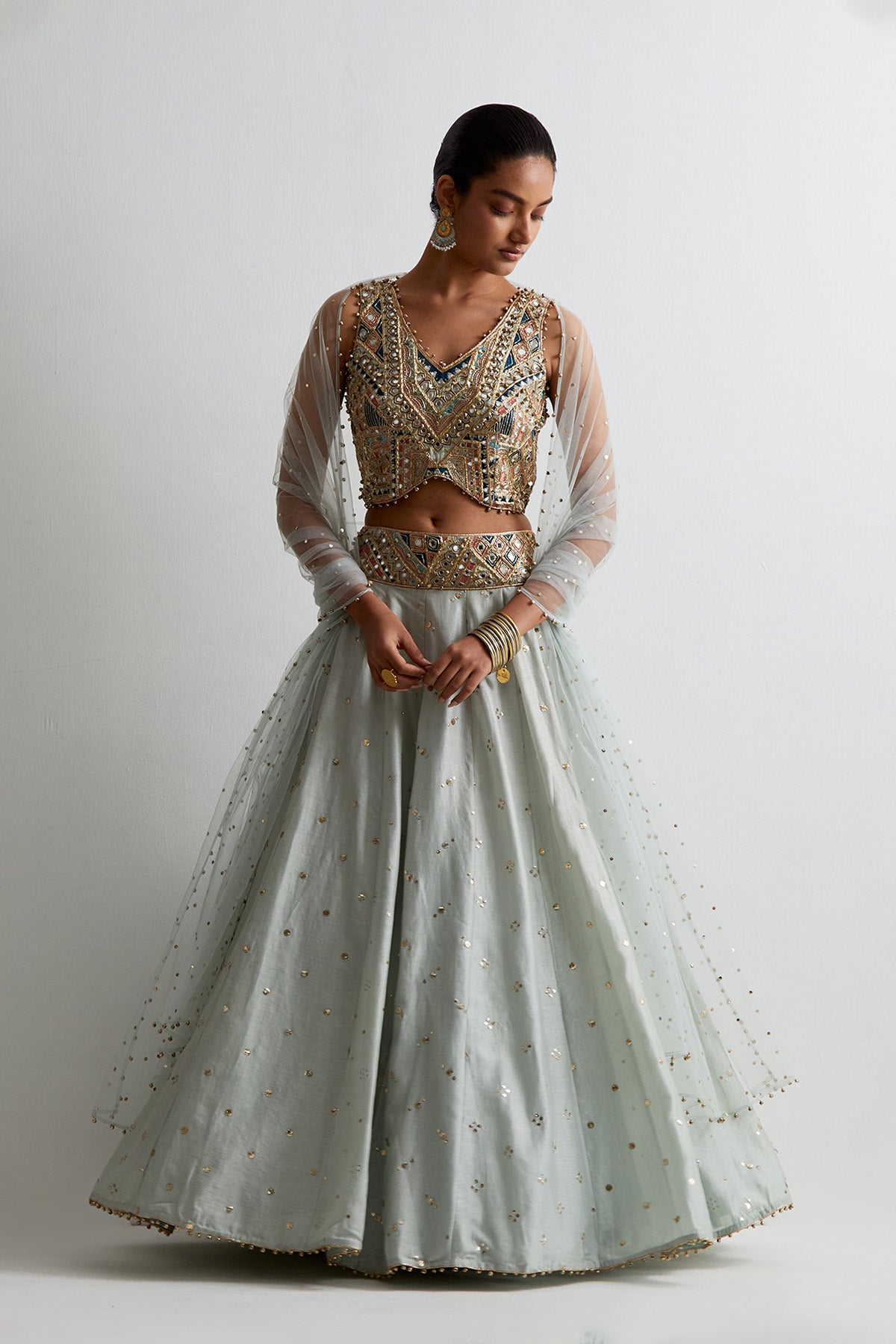 Light Blue Georgette Embroidered Choli With Lehenga And Dupatta