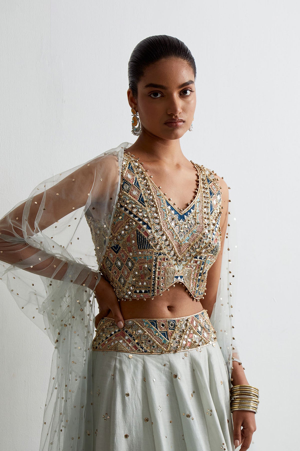 Light Blue Georgette Embroidered Choli With Lehenga And Dupatta
