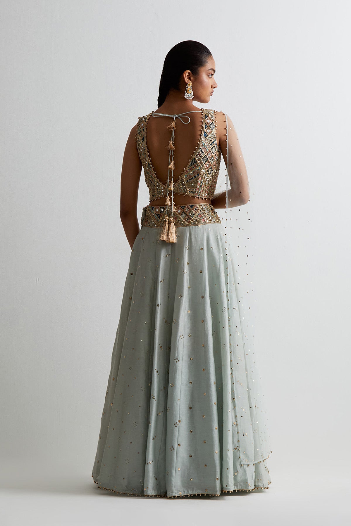 Light Blue Georgette Embroidered Choli With Lehenga And Dupatta