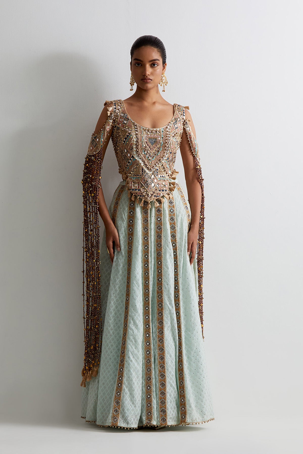 Sea Blue Georgette Embroidered Choli With Katarwa Lehenga And Bajuband