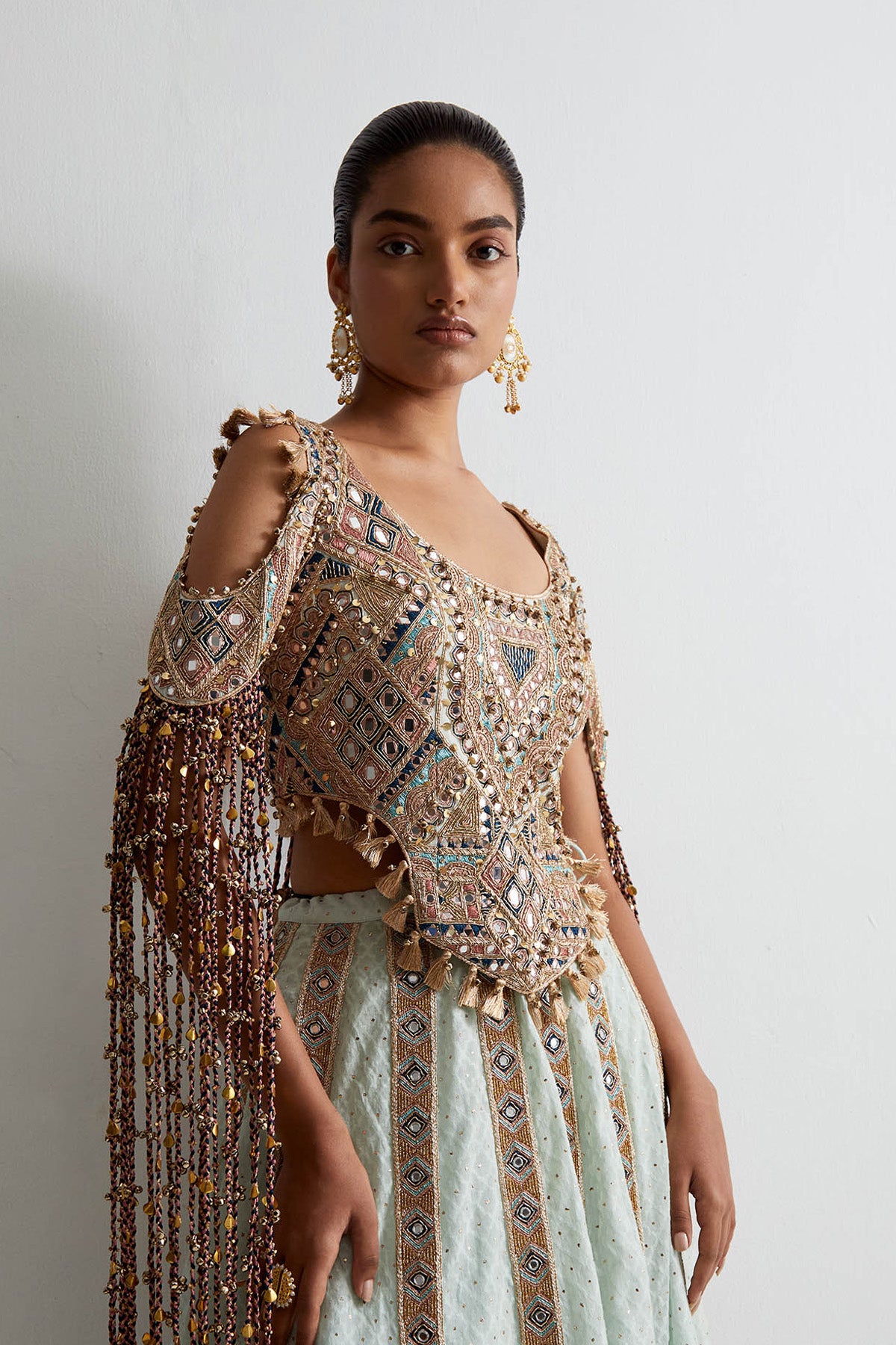 Sea Blue Georgette Embroidered Choli With Katarwa Lehenga And Bajuband