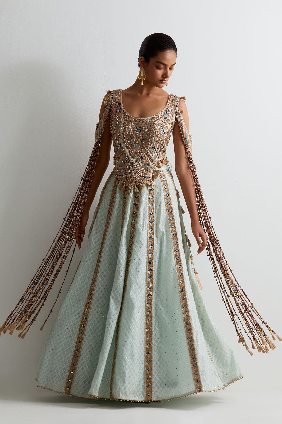 Sea Blue Georgette Embroidered Choli With Katarwa Lehenga And Bajuband
