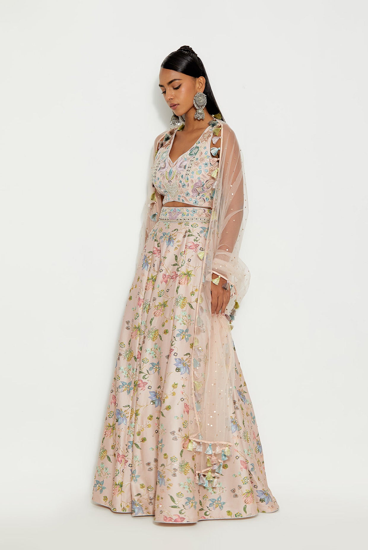 MEHRAB ROSE PINK EMBROIDERED CHOLI WITH NARGIS PRINTED LEHENGA AND DUPATTA