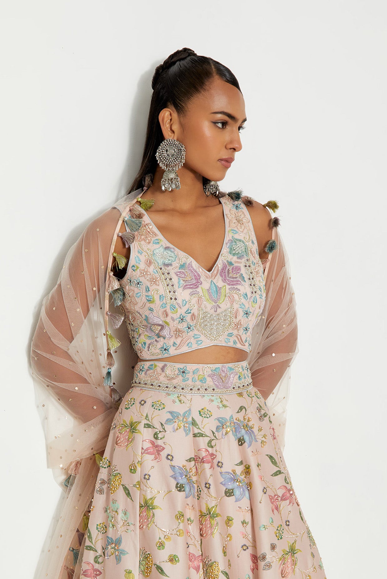 MEHRAB ROSE PINK EMBROIDERED CHOLI WITH NARGIS PRINTED LEHENGA AND DUPATTA