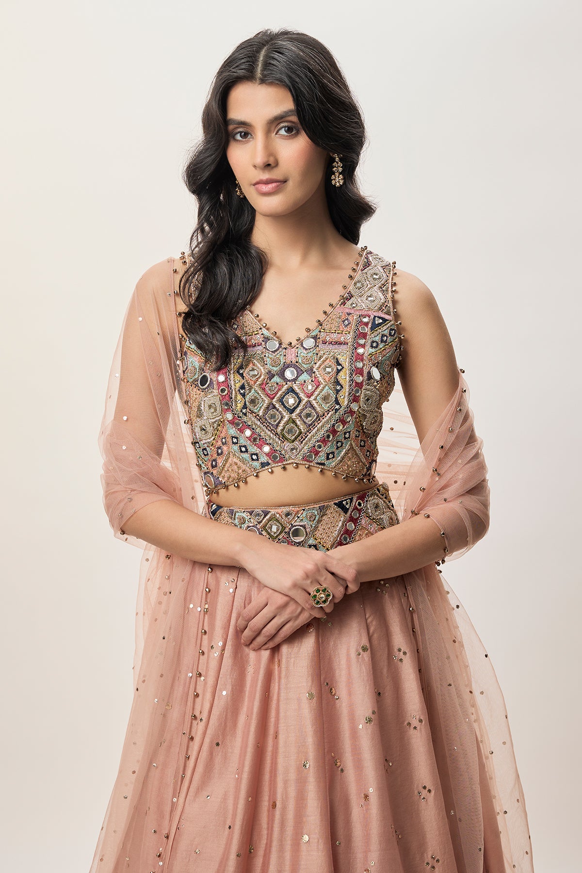 Mahnaz Peachy Pink Georgette Embroidered Choli With Lehenga And Mukaish Net Dupatta