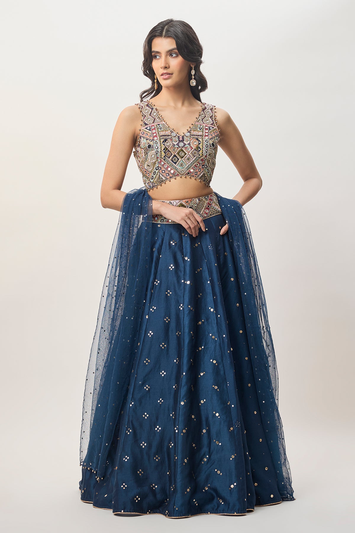 Mahnaz Navy Blue Georgette Embroidered Choli With Lehenga And Mukaish Net Dupatta