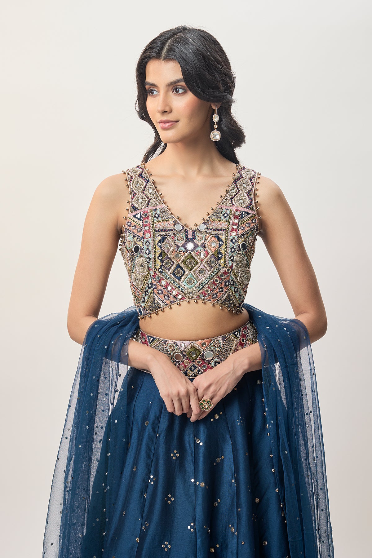 Mahnaz Navy Blue Georgette Embroidered Choli With Lehenga And Mukaish Net Dupatta