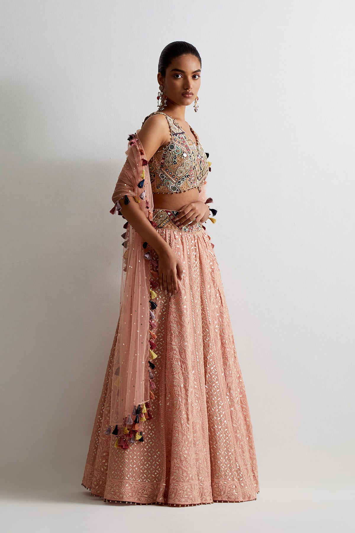 Dusty Rose Georgette Embroidered Choli With Lakhnavi Lehenga And Dupatta