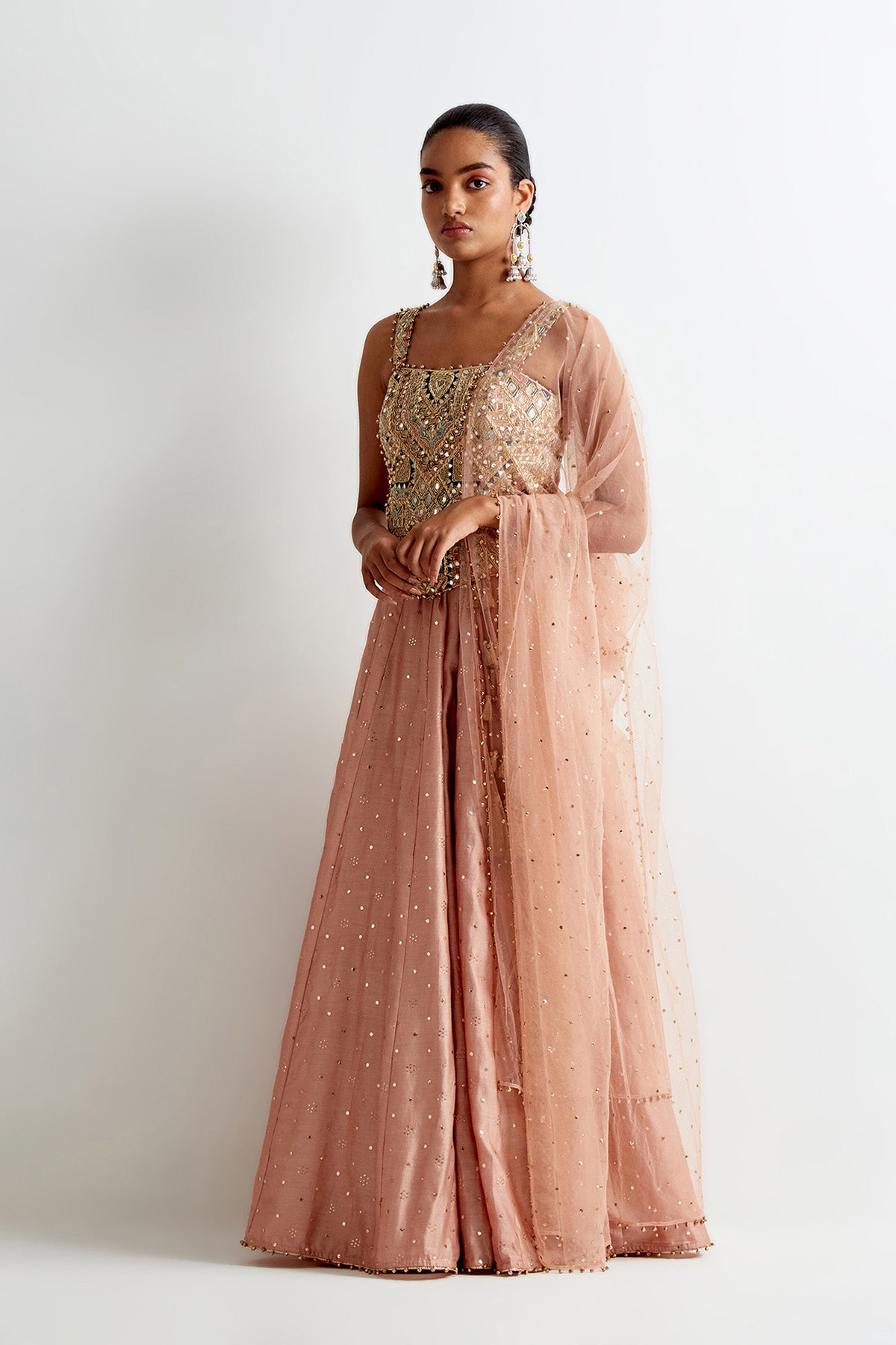 Dusty Rose Georgette Embroidered Choli And Silk Mul Lehenga With Mukaish Net Dupatta