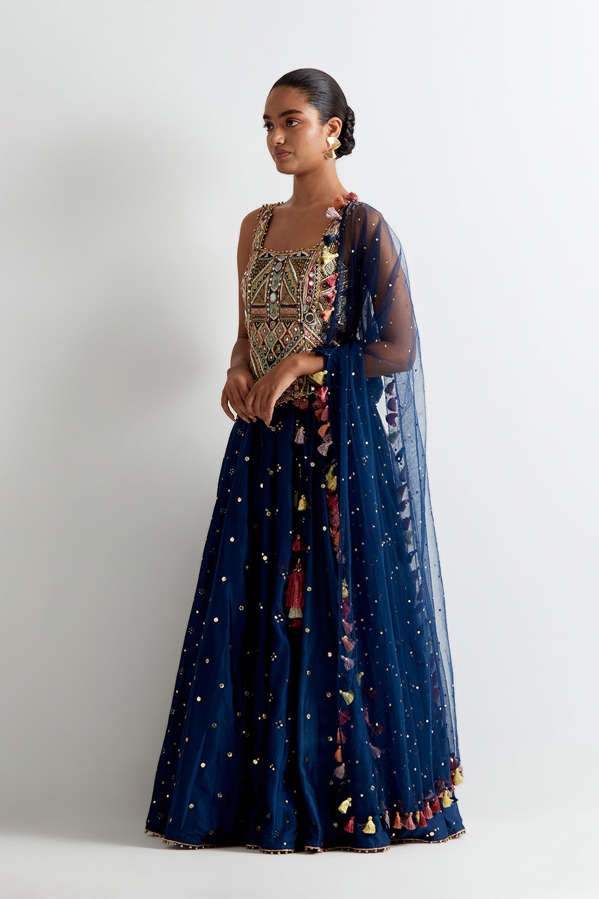 Navy Blue Georgette Embroidered Choli With Mukaish Silkmul Lehenga And Mukaish Net Dupatta