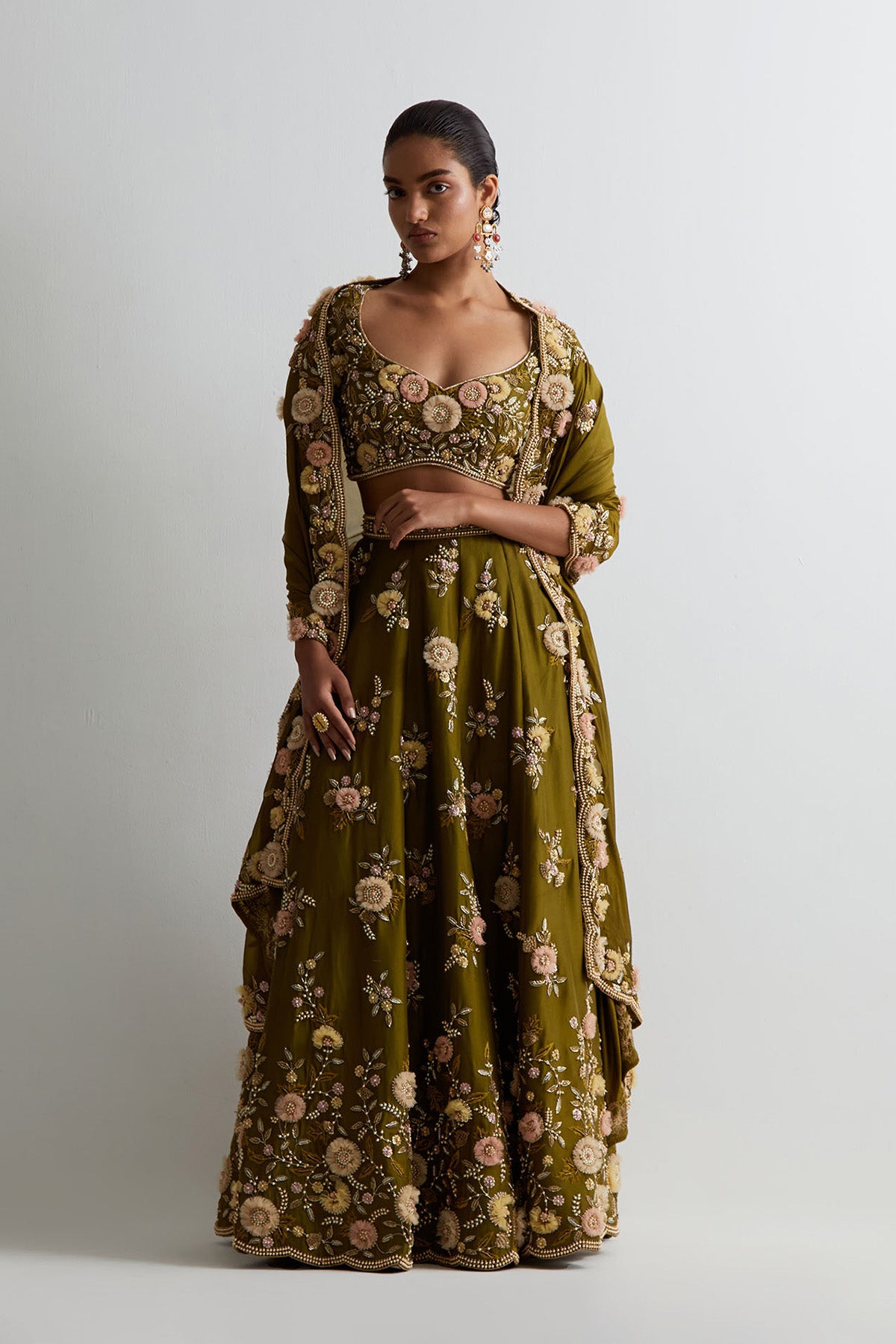 Olive Green Silk Embroidered Choli With Lehenga And Dupatta
