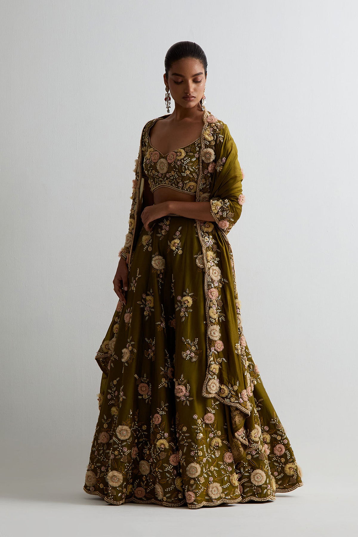 Olive Green Silk Embroidered Choli With Lehenga And Dupatta