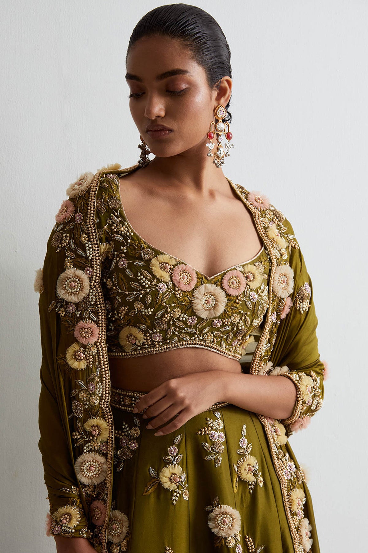 Olive Green Silk Embroidered Choli With Lehenga And Dupatta