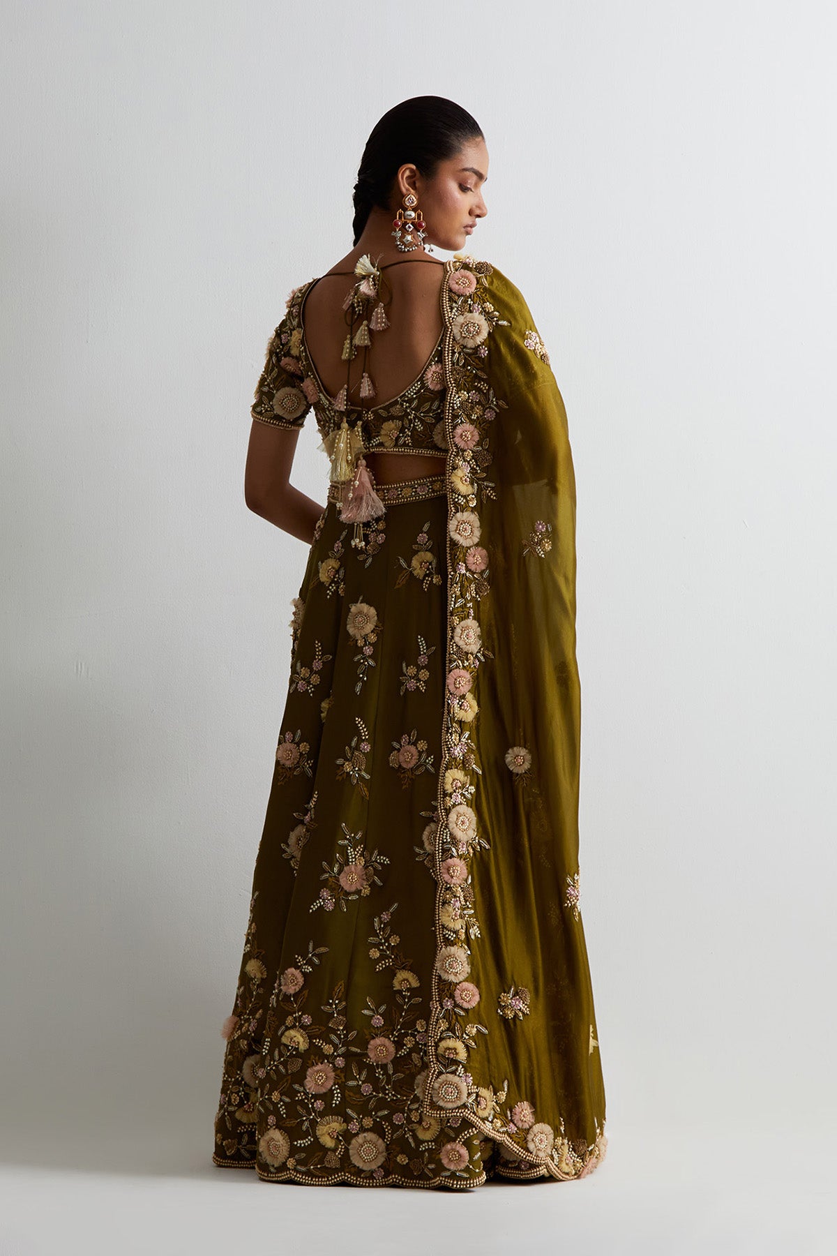 Olive Green Silk Embroidered Choli With Lehenga And Dupatta