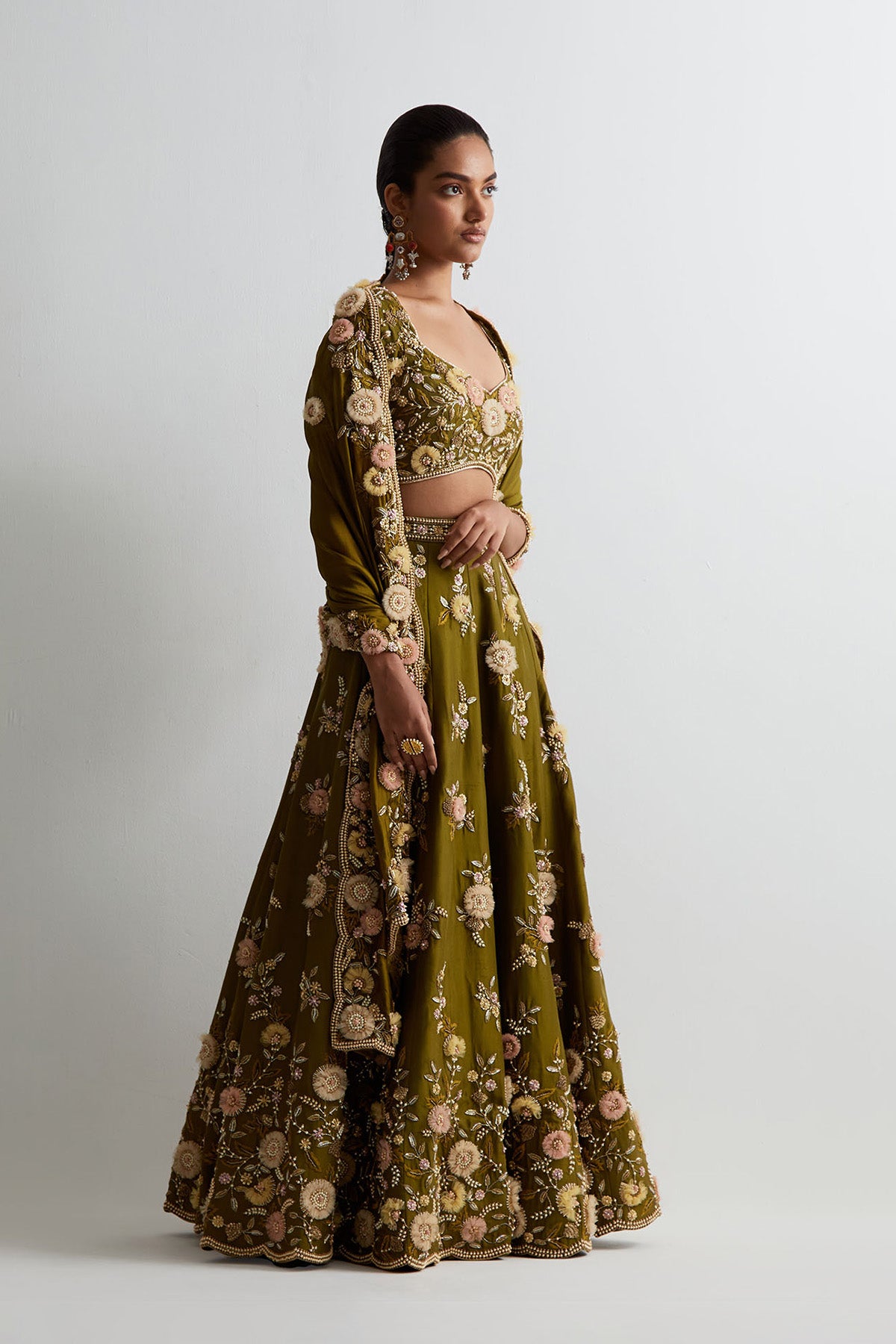 Olive Green Silk Embroidered Choli With Lehenga And Dupatta