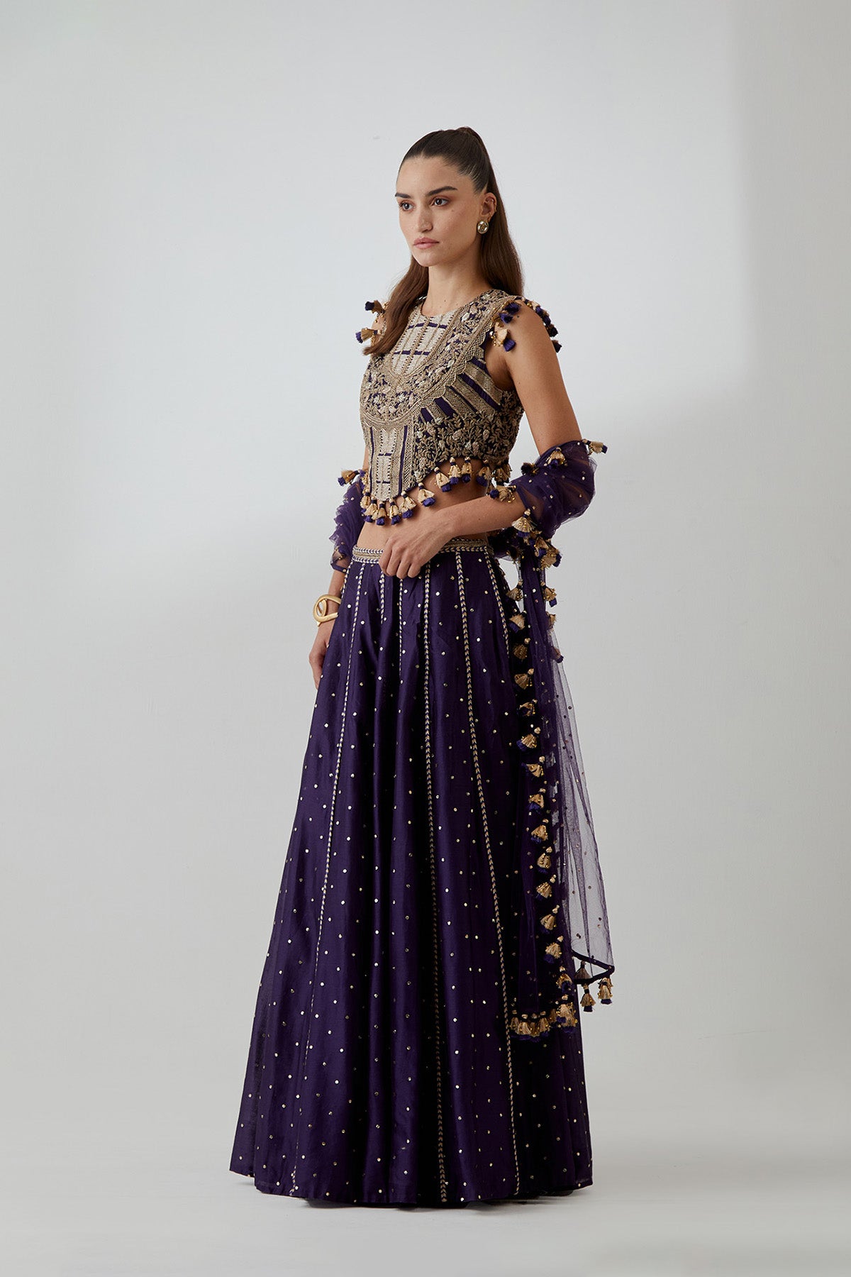 Purple Georgette Embroidered Choli With Mukaish Silkmul Lehenga And Mukaish Net Dupatta