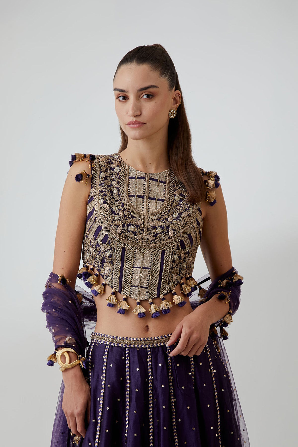 Purple Georgette Embroidered Choli With Mukaish Silkmul Lehenga And Mukaish Net Dupatta