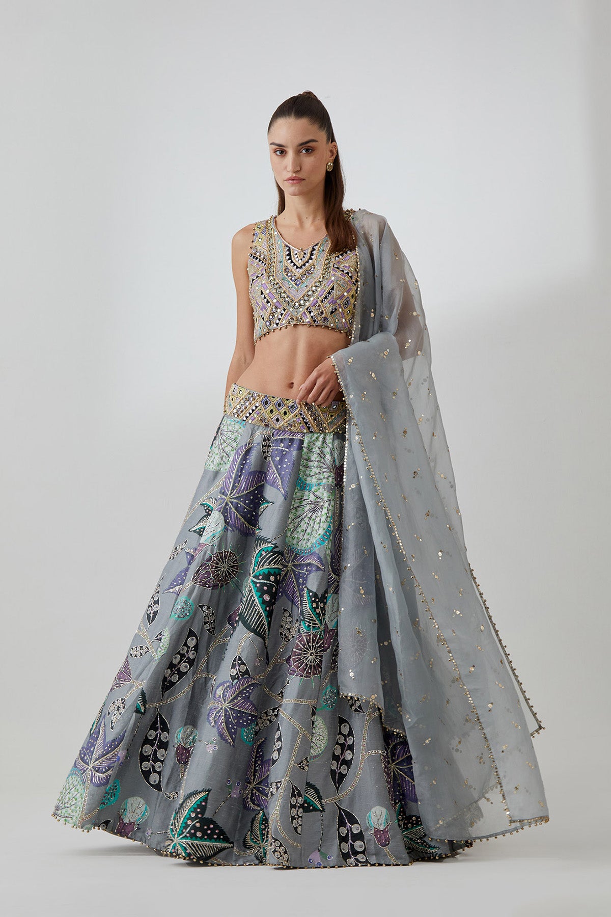 Grey Georgette Embroidered Choli With Abutilon Print Dupion Silk Lifted Lehenga And Mukaish Net Dupatta