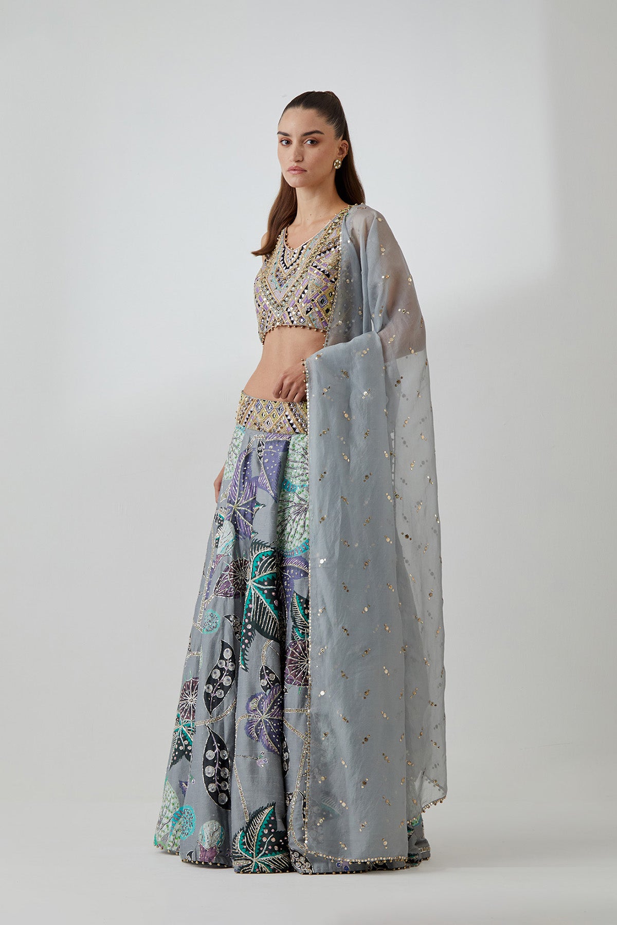 Grey Georgette Embroidered Choli With Abutilon Print Dupion Silk Lifted Lehenga And Mukaish Net Dupatta