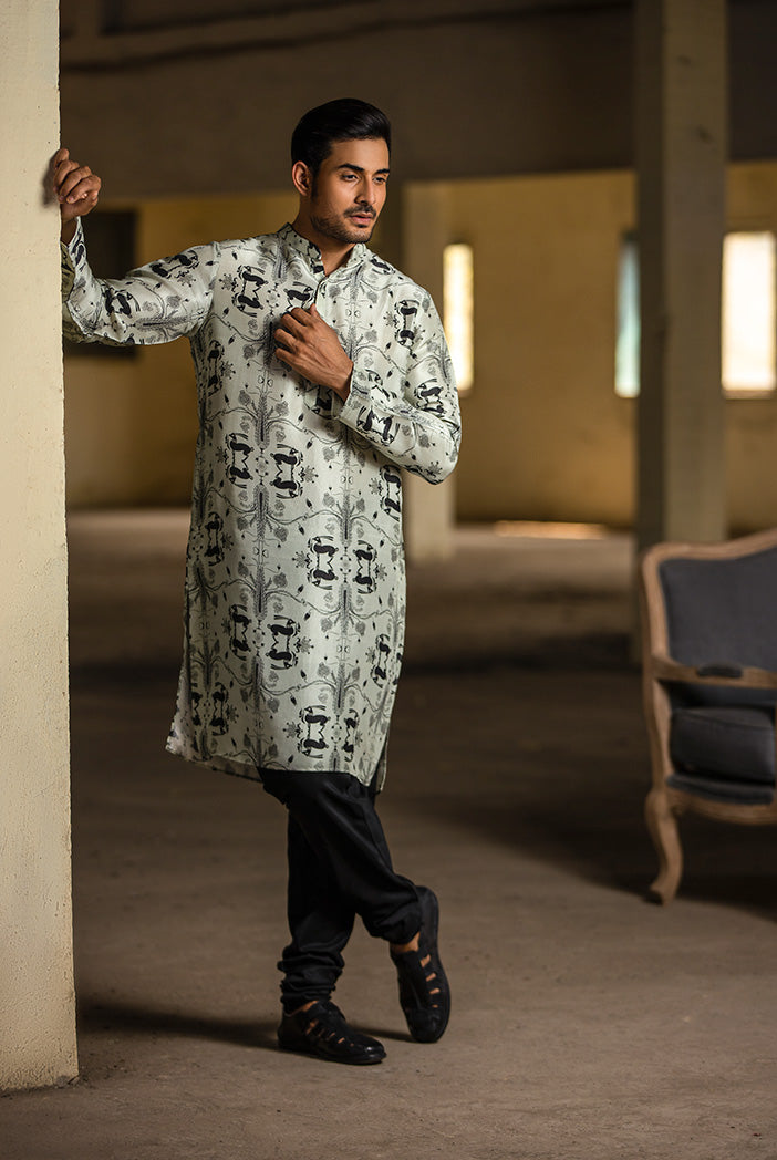 Stone Printed Silk Kurta with Black Cotton Silk Churidar