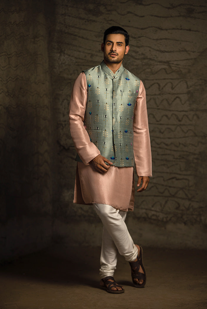 Mint Printed Dupion Silk Bandi with Rose Pink Silk Kurta and Off White Cotton Silk Churidar