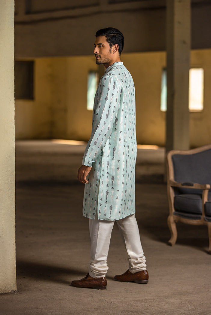Ice Blue Printed Silk Kurta with Off White Cotton Silk Churidar