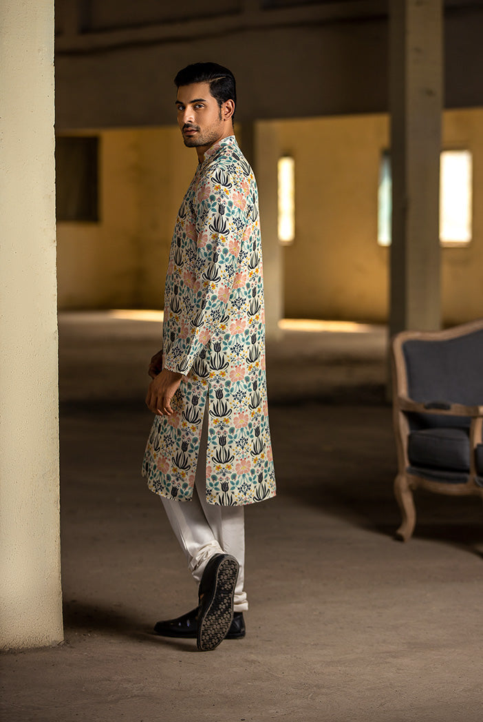 Cream Printed Silk Kurta with Off White Cotton Silk Churidar
