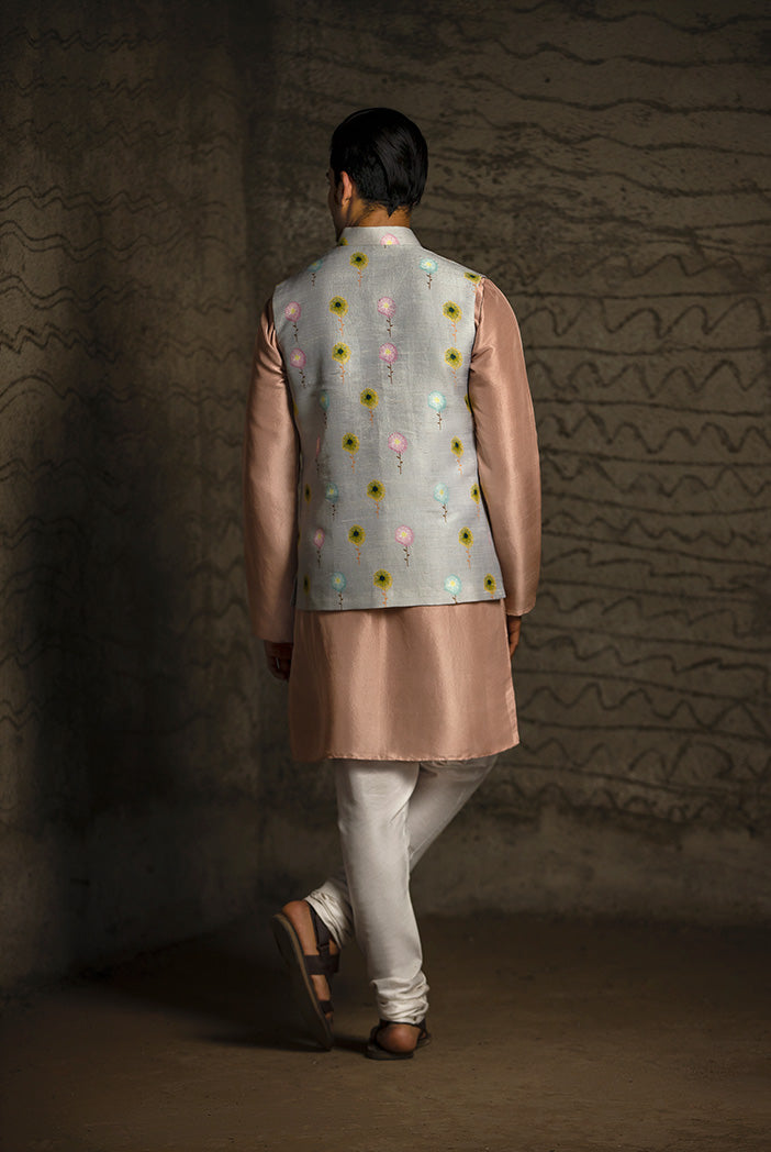 Grey Printed Dupion Silk Bandi with Rose Pink Silk Kurta and Off White Cotton Silk Churidar