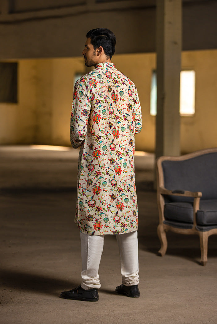 Khaki Printed Silk Kurta with Off White Cotton Silk Churidar